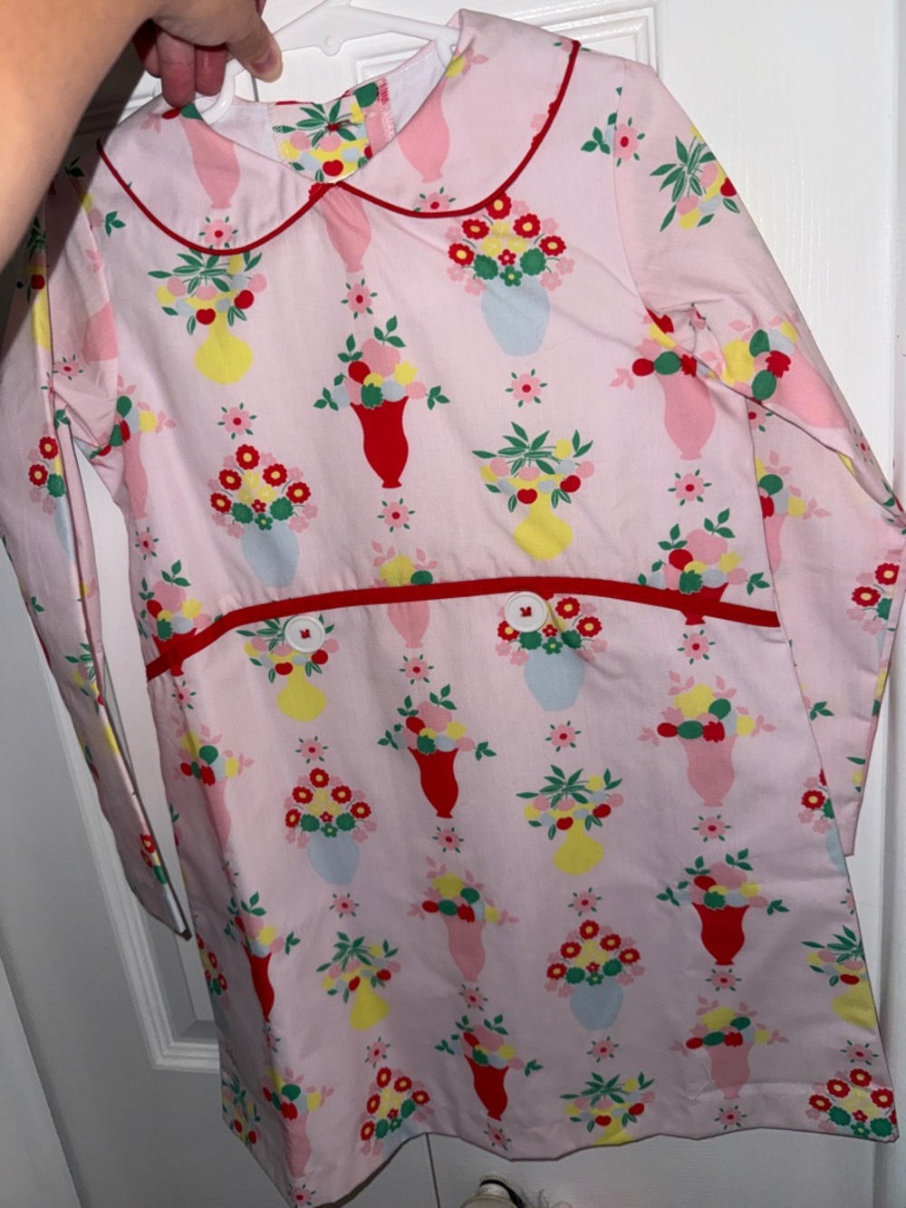 Girls Pink Floral Vase Print Long Sleeve Dress with Red Trim
